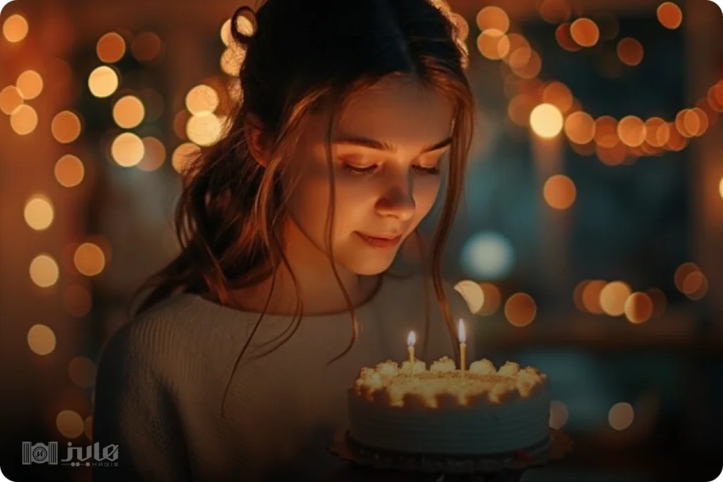 ژست نگاه به شمع های روشن کیک