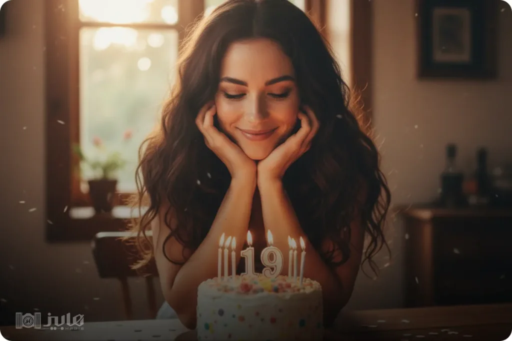 ژست تکیه دادن آرنج روی میز و نگاه به کیک