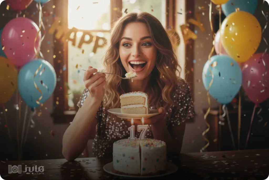 ژست عکس تولد خوردن قاچ اول کیک