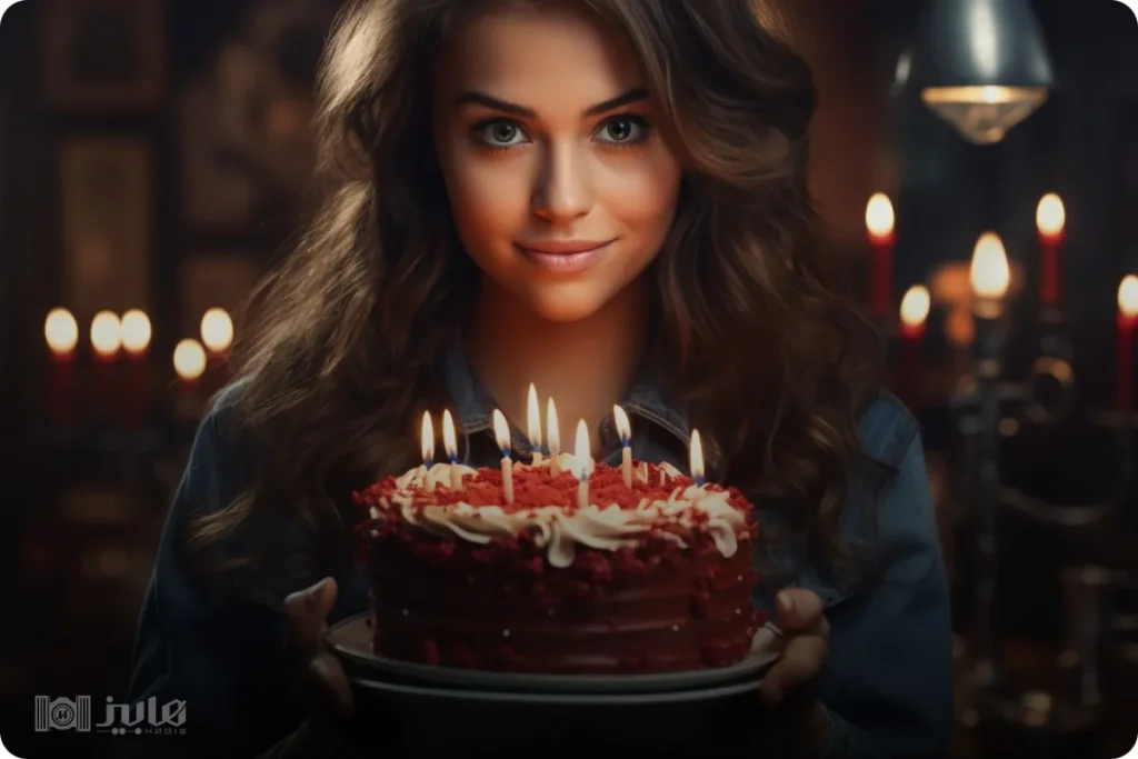 ژست نگاه مستقیم به دوربین همراه با گرفتن کیک