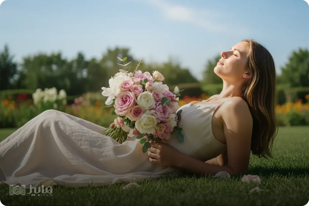 ژست عکاسی با دسته گل روی بدن و نگاه به بالا