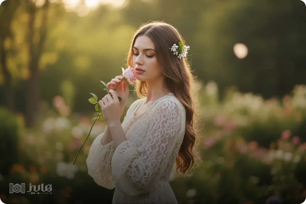 استفاده از یک شاخه گل در صورت یا موها