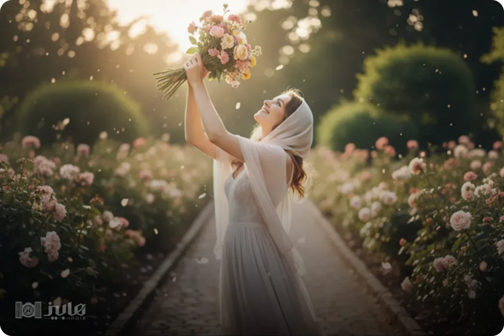 بالا نگه داشتن دسته گل به سمت آسمان