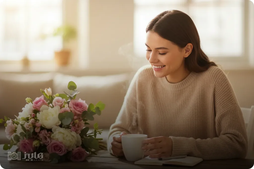  ژست عکاسی با دسته گل روی میز