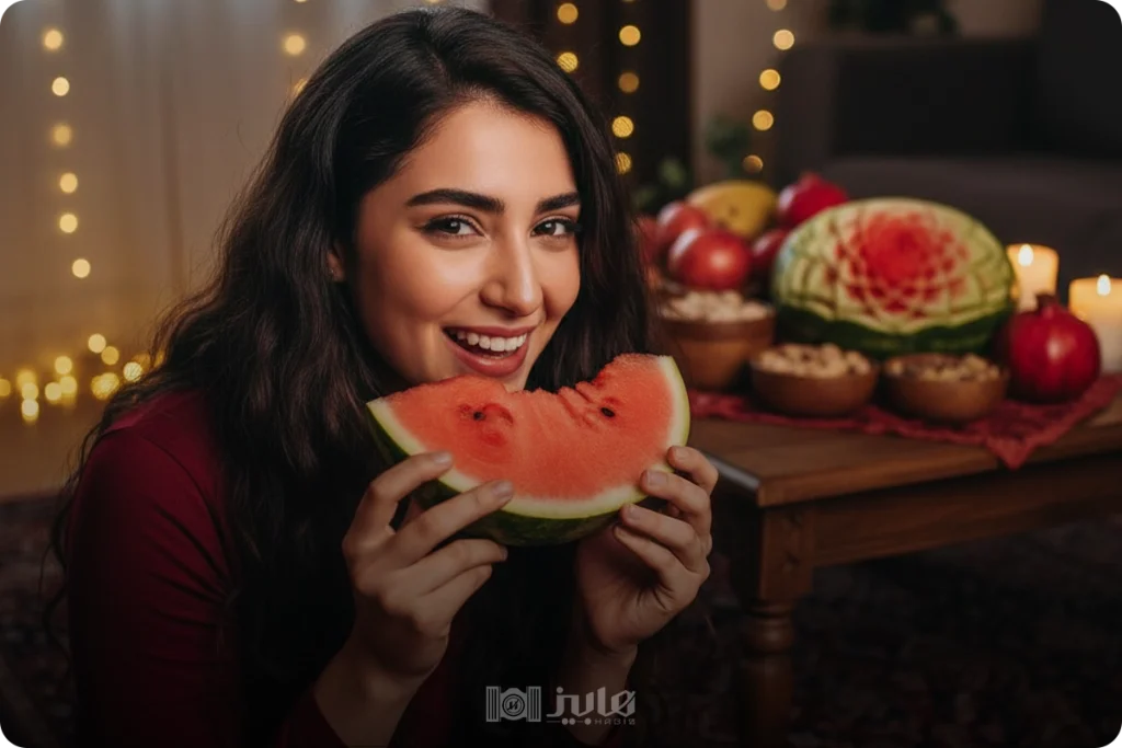 ژست با هندوانه برای عکاسی دخترانه شب یلدا
