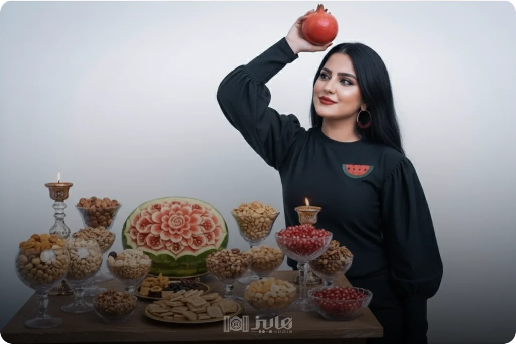 ژست دخترانه با انار در چیدمان سنتی شب یلدا