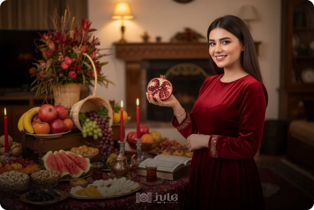 2. ژست یلدایی با لباس مخمل و انار در چیدمان گرم